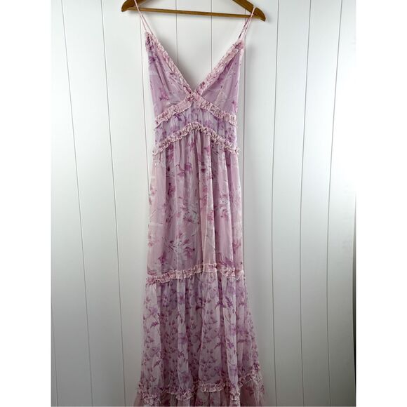 En Elly Ruffled Printed Maxi Dress in Pink Floral Plunge Strappy Cottagecore L - Picture 6 of 16